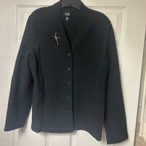 Eileen Fisher Black Textured Blazer with Brooch